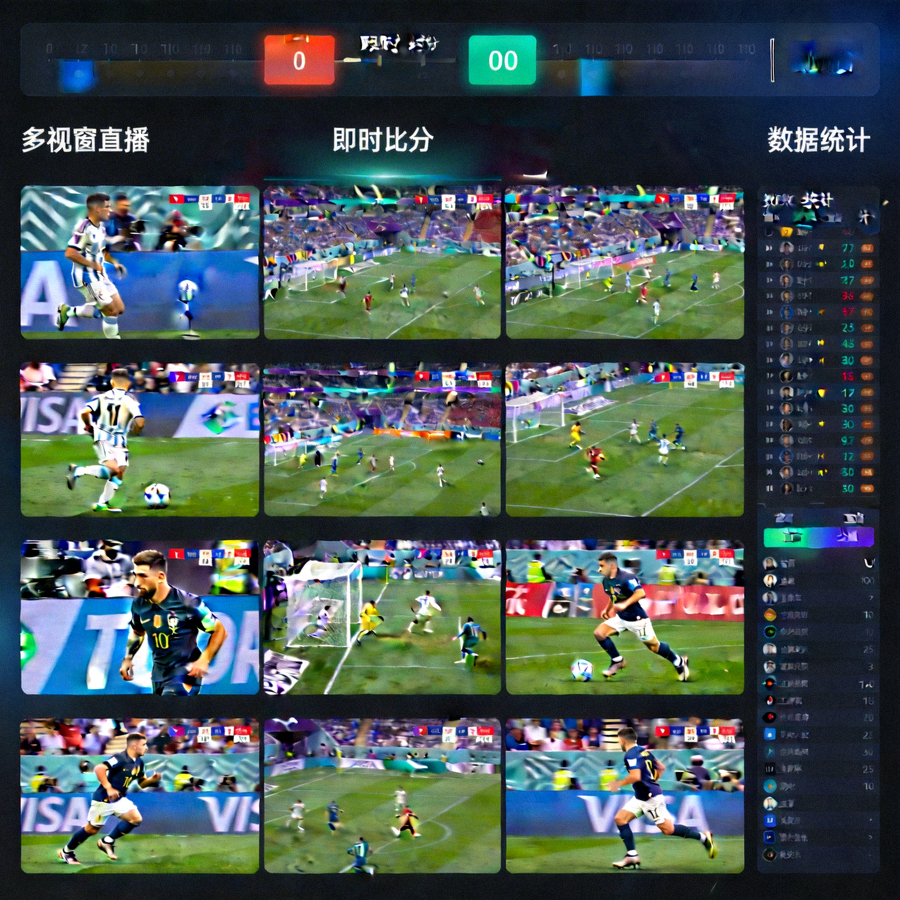 賽事直播平台介面示意圖，展示多視窗直播、即時比分與數據統計側邊欄