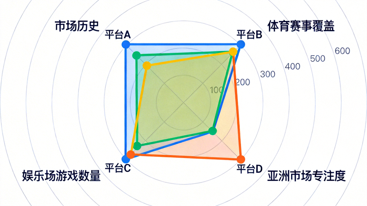 四個評測平台在市場歷史、體育賽事覆蓋、娛樂場遊戲數量和亞洲市場專注度四個維度的雷達圖比較